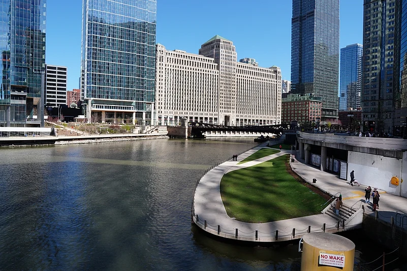 View of the Chicago Riverwalk and the Merchandise Mart